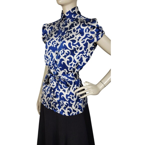 Vintage Y2k Bebe Silk Cobalt Grey Puff Sleeve Scroll Logo AOP Belted Blouse M/L - Picture 9 of 15